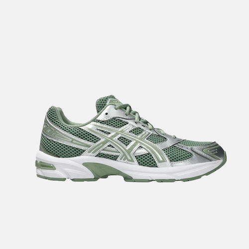 ASICS Gel-1130 running shoe in swamp green, white, olive, and silver colors, with a mesh upper and a flat sole.