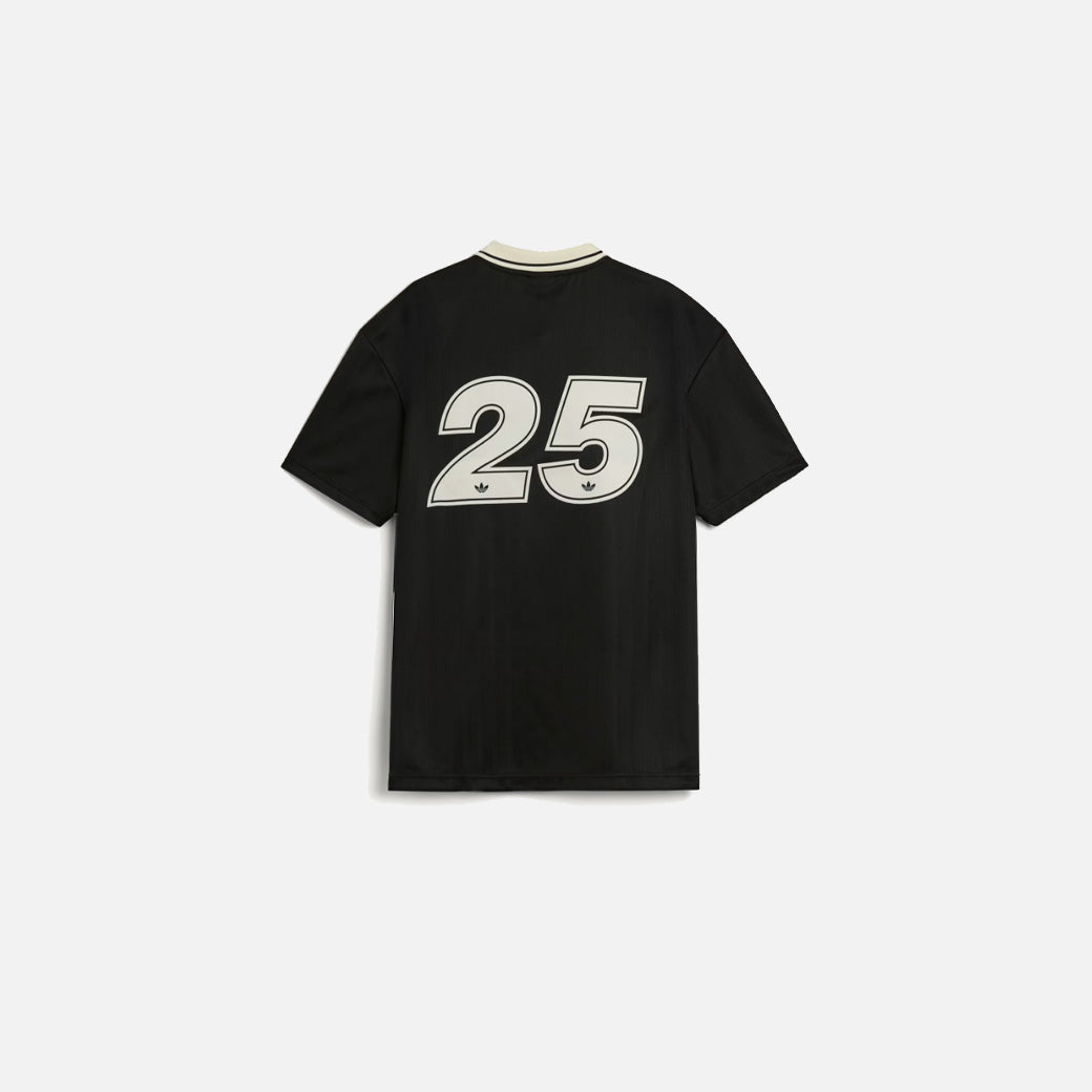 Back view of Adidas x Oasis Tour Jacquard Jersey in black with large cream '25' print and Adidas Trefoil logos.
