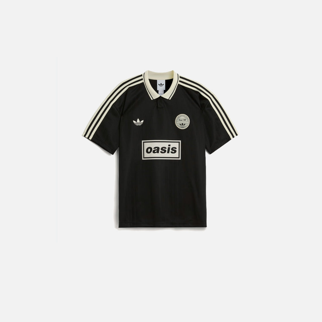 Adidas x Oasis Tour Jacquard Jersey in black with cream stripes, embroidered Oasis and Adidas logos on front.