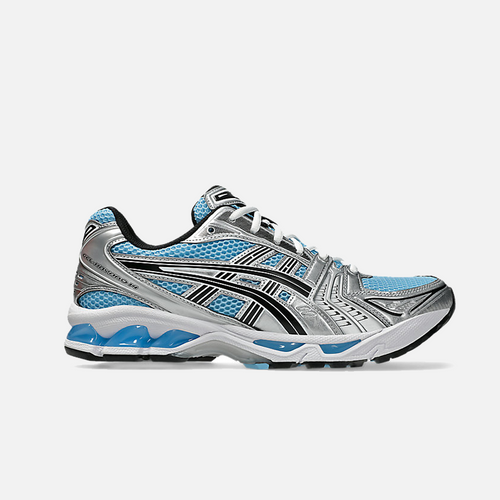 ASICS Gel-Kayano 14 running shoe with a breathable mesh upper featuring Arctic Sky Blue colorway, black and white accents, and a midsole.