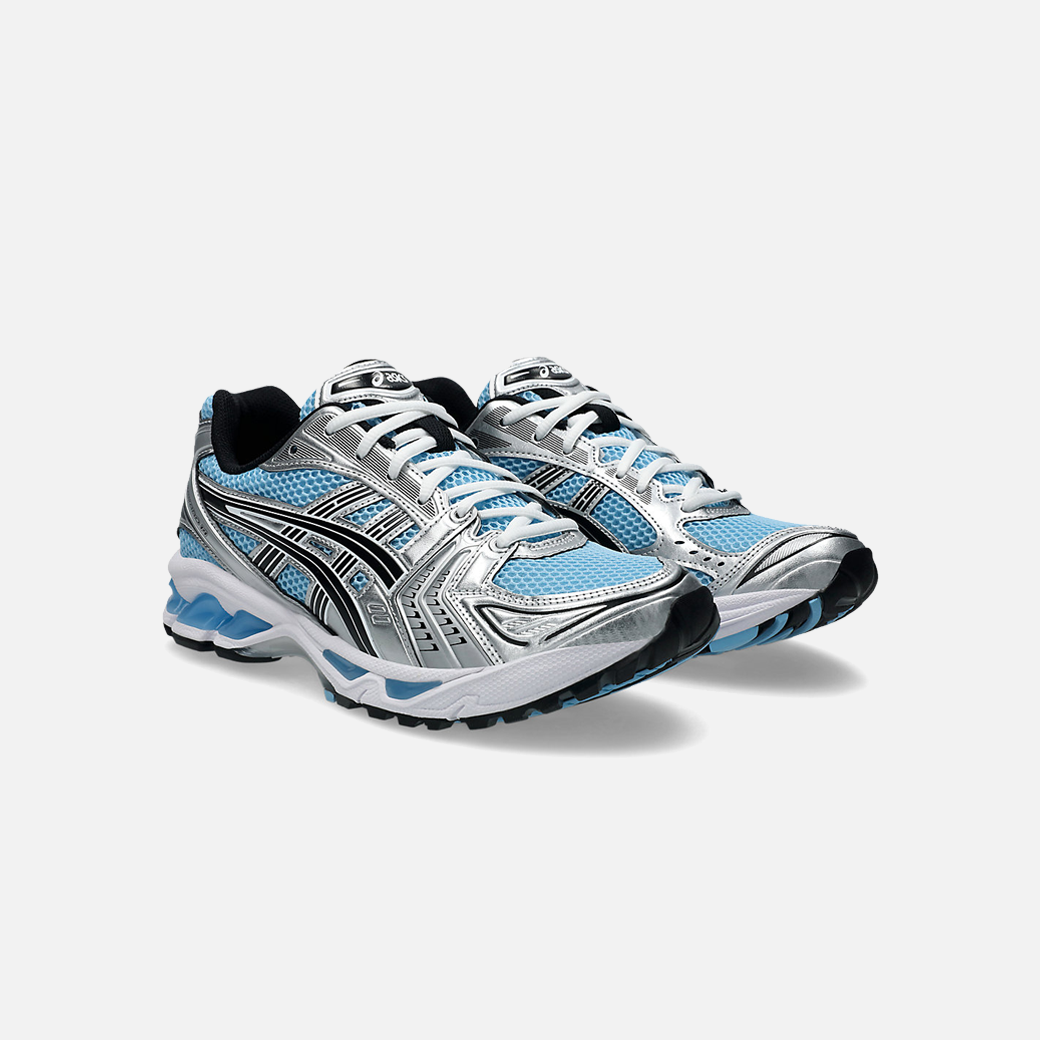 ASICS Gel-Kayano 14 running shoe with a breathable mesh upper featuring Arctic Sky Blue colorway, black and white accents, and a midsole.