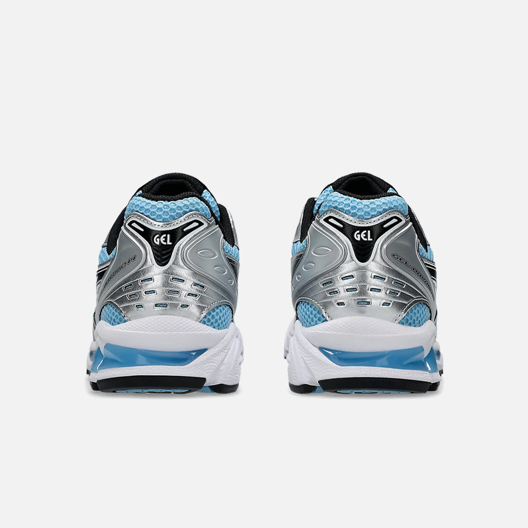 ASICS Gel-Kayano 14 running shoe with a breathable mesh upper featuring Arctic Sky Blue colorway, black and white accents, and a midsole.