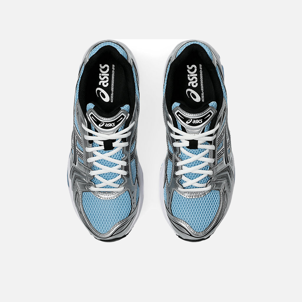 ASICS Gel-Kayano 14 running shoe with a breathable mesh upper featuring Arctic Sky Blue colorway, black and white accents, and a midsole.