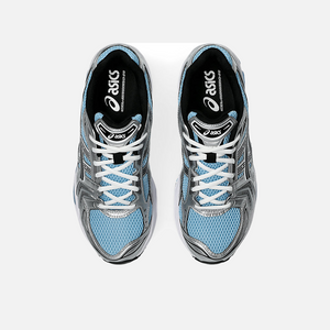 ASICS Gel-Kayano 14 running shoe with a breathable mesh upper featuring Arctic Sky Blue colorway, black and white accents, and a midsole.