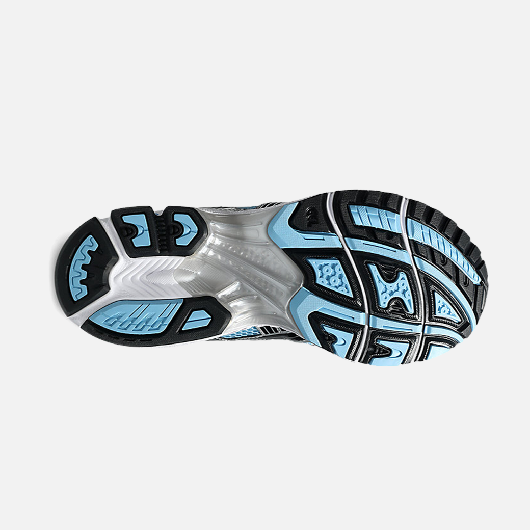 ASICS Gel-Kayano 14 running shoe with a breathable mesh upper featuring Arctic Sky Blue colorway, black and white accents, and a midsole.