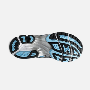 ASICS Gel-Kayano 14 running shoe with a breathable mesh upper featuring Arctic Sky Blue colorway, black and white accents, and a midsole.