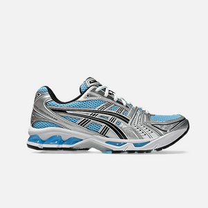 ASICS Gel-Kayano 14 running shoe with a breathable mesh upper featuring Arctic Sky Blue colorway, black and white accents, and a midsole.