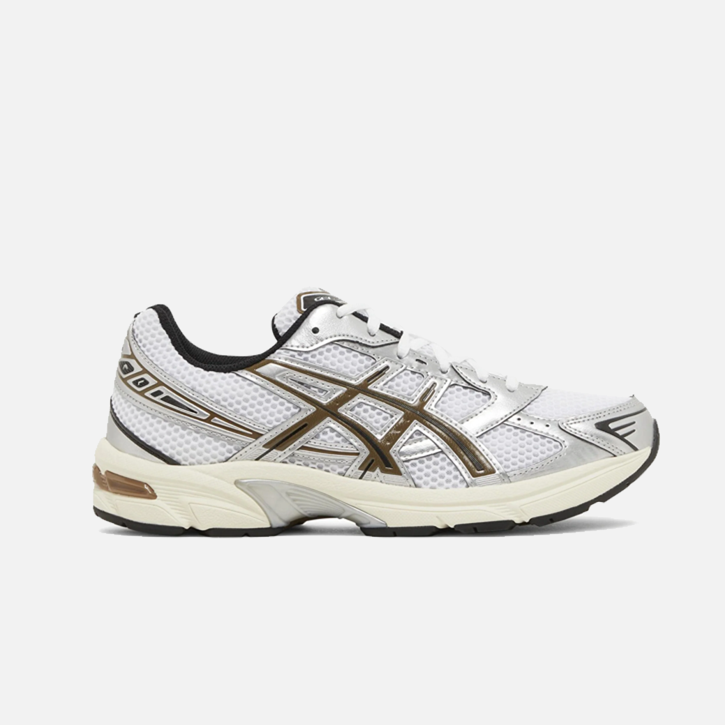 ASICS Gel-1130 athletic sneaker in white with clay canyon and silver details, featuring upcycled synthetic leather panels and the brand’s iconic logo.