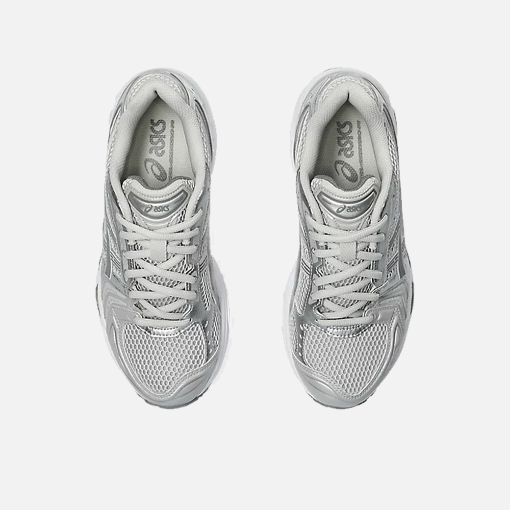 A pair of ASICS Gel-Kayano 14 Cloud Grey running shoes for women, featuring a mesh upper with grey accents and a midsole with GEL technology for cushioning, Top view.