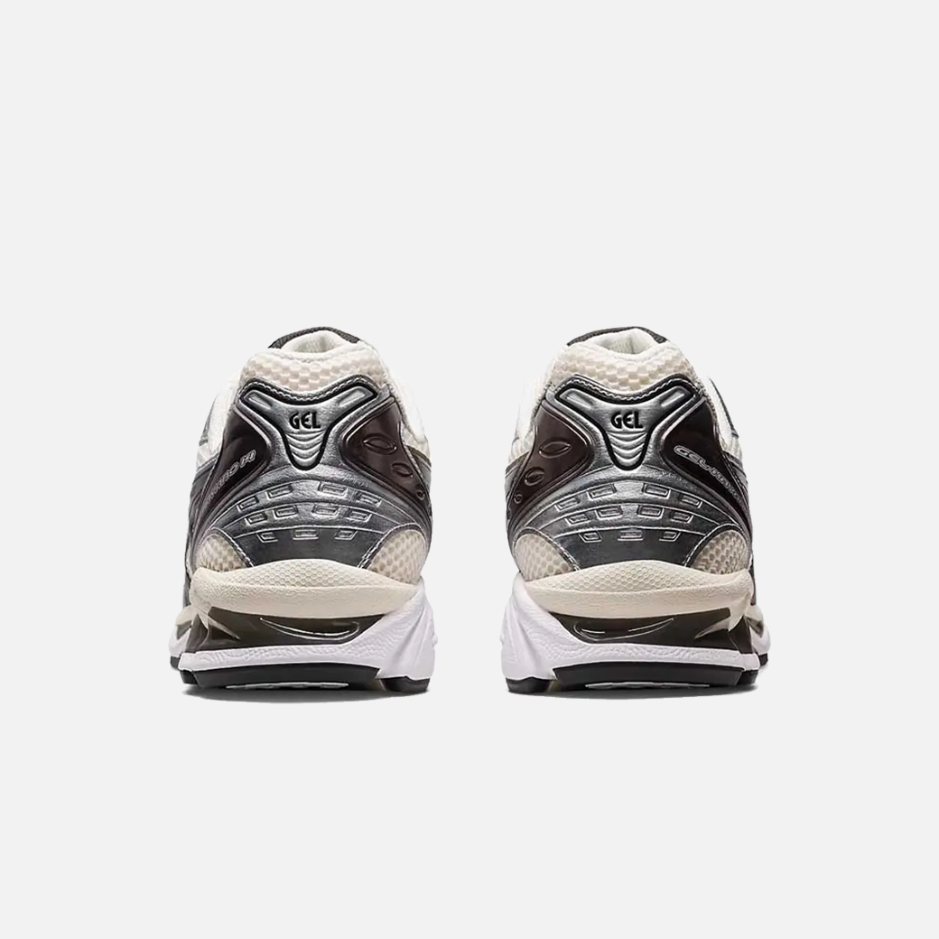 ASICS Gel-Kayano 14 Cream Black Metallic Plum sneaker with leather and mesh upper, visible cushioning and support features, Back view.