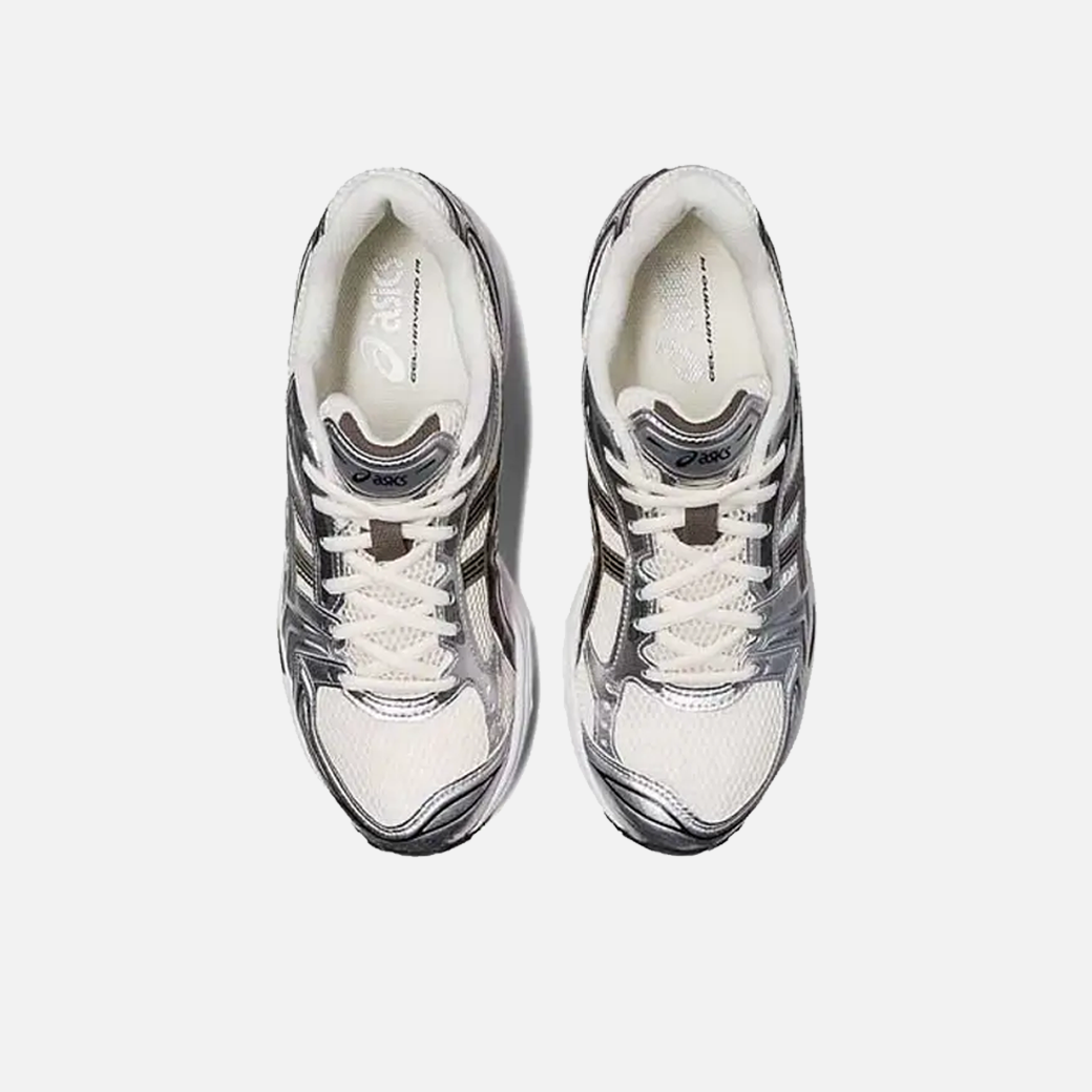 ASICS Gel-Kayano 14 Cream Black Metallic Plum sneaker with leather and mesh upper, visible cushioning and support features, Top view.