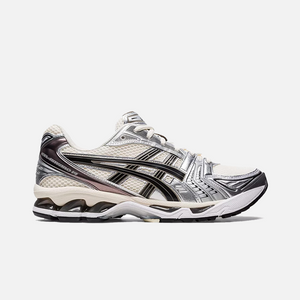 ASICS Gel-Kayano 14 Cream Black Metallic Plum sneaker with leather and mesh upper, visible cushioning and support features.