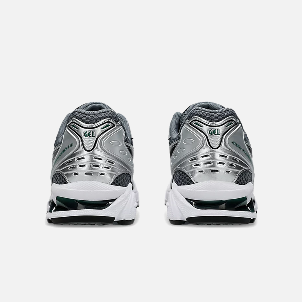 ASICS Gel-Kayano 14 Metropolis Jasper Green sneaker with dark grey mesh base, metallic silver leather overlays, and vibrant green details, Back view.
