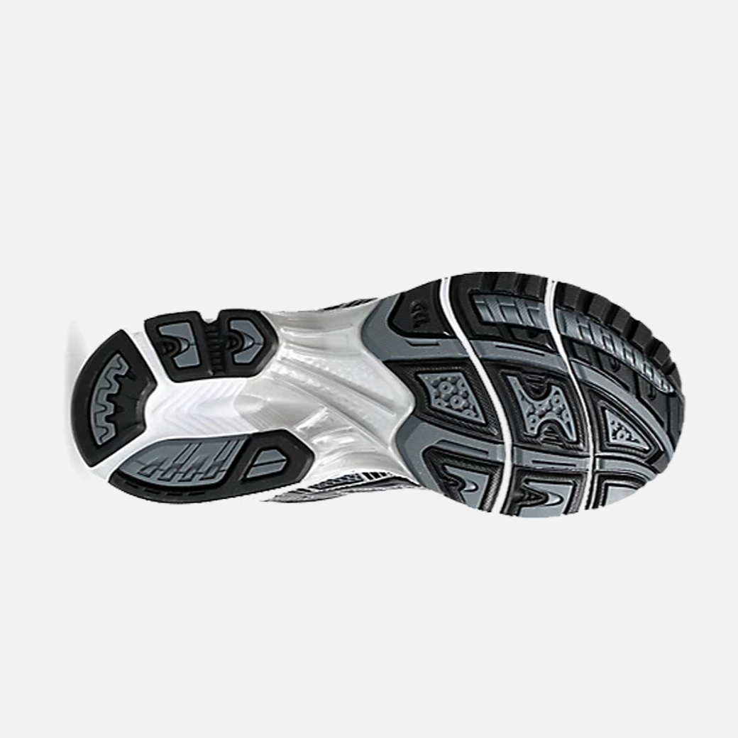 ASICS Gel-Kayano 14 Metropolis Jasper Green sneaker with dark grey mesh base, metallic silver leather overlays, and vibrant green details, Bottom view.