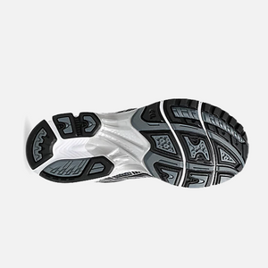 ASICS Gel-Kayano 14 Metropolis Jasper Green sneaker with dark grey mesh base, metallic silver leather overlays, and vibrant green details, Bottom view.