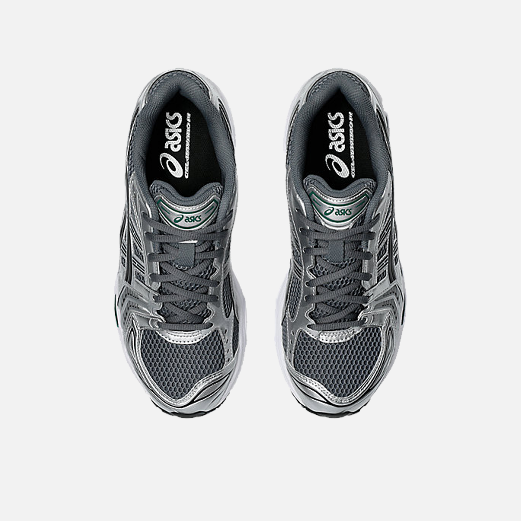ASICS Gel-Kayano 14 Metropolis Jasper Green sneaker with dark grey mesh base, metallic silver leather overlays, and vibrant green details, Top view.
