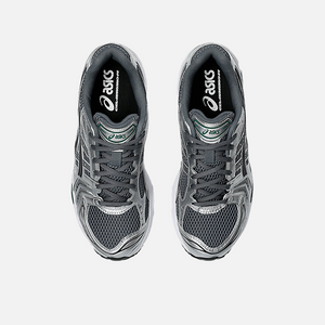 ASICS Gel-Kayano 14 Metropolis Jasper Green sneaker with dark grey mesh base, metallic silver leather overlays, and vibrant green details, Top view.