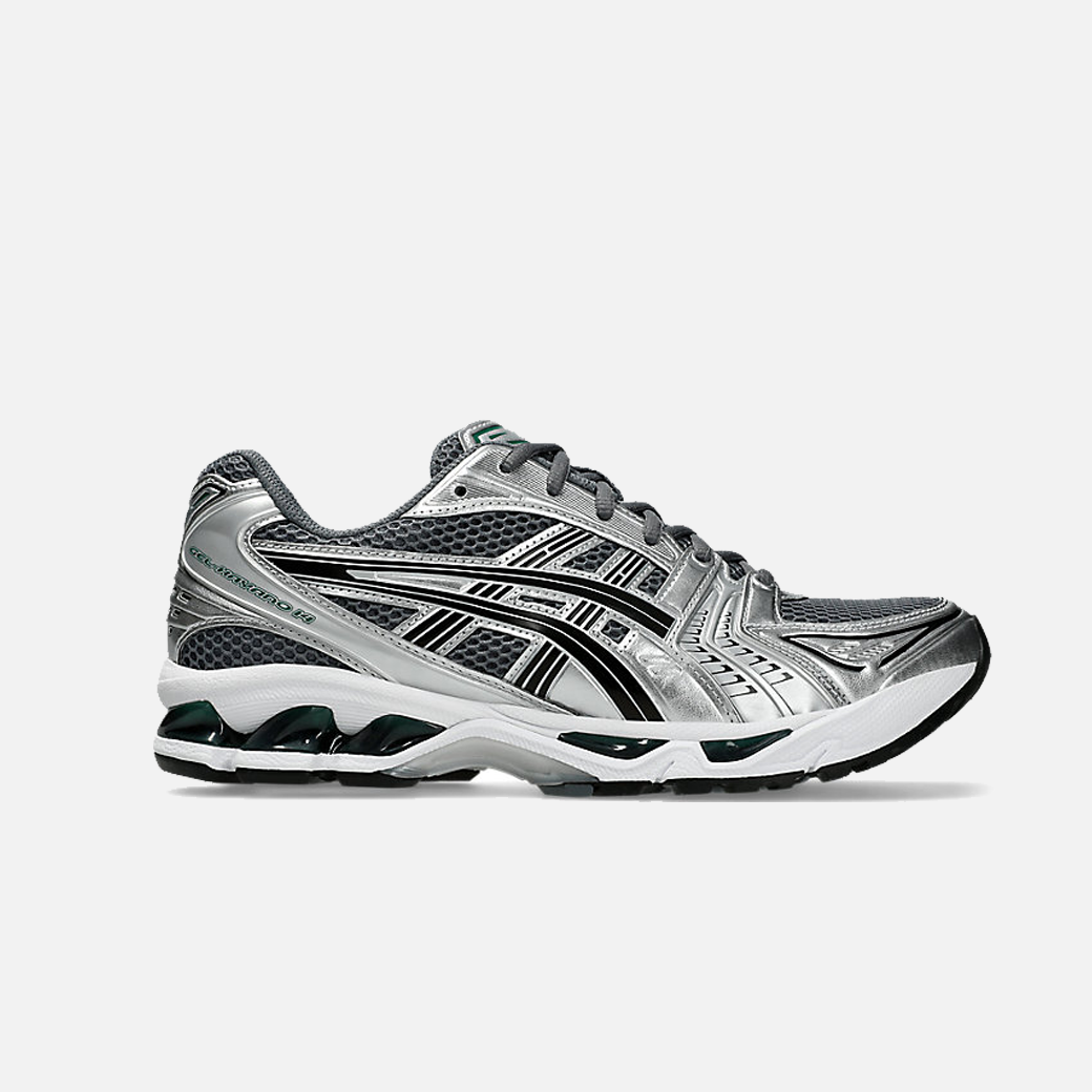 ASICS Gel-Kayano 14 Metropolis Jasper Green sneaker with dark grey mesh base, metallic silver leather overlays, and vibrant green details.