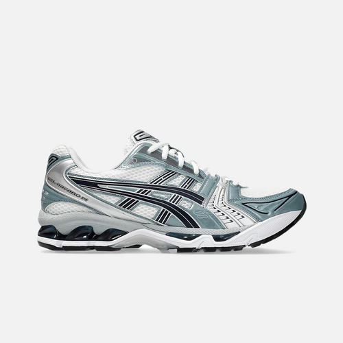ASICS Gel-Kayano 14 Fjord Grey sneaker with a combination of grey, blue, and white colors, showcasing the side profile of the sneaker with mesh material and cushioning technology.