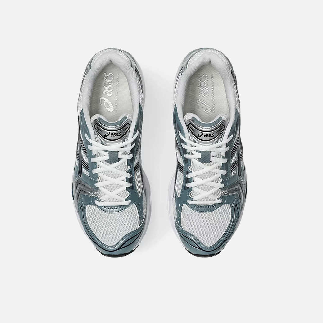 ASICS Gel-Kayano 14 Fjord Grey sneaker with a combination of grey, blue, and white colors, showcasing the side profile of the sneaker with mesh material and cushioning technology. Top View.