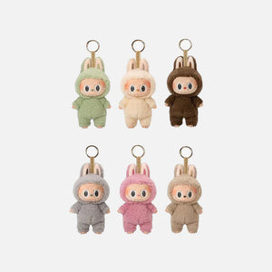 et of 6 Pop Mart Labubu Exciting Macaron plush keychains in pastel colors with embroidered details
