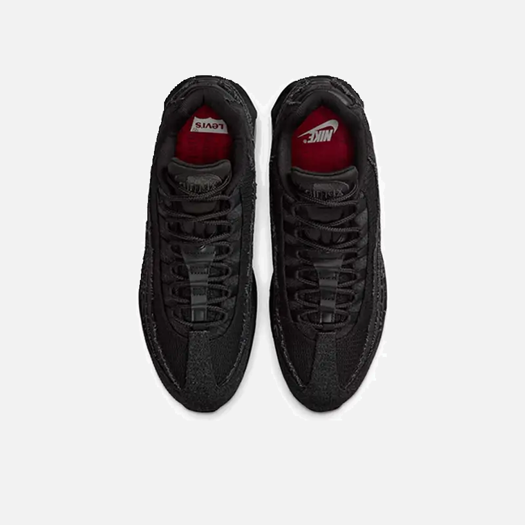 Levi’s x Nike Air Max 95 OG Black Anthracite top view, limited edition sneaker collab, detailed upper design, black and anthracite colorway, premium streetwear trainers.