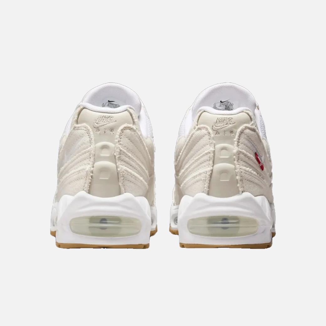 Levi’s x Nike Air Max 95 OG Light Orewood Brown back view, heel logo detailing, neutral denim and suede design, limited edition Nike collaboration, lifestyle sneakers.