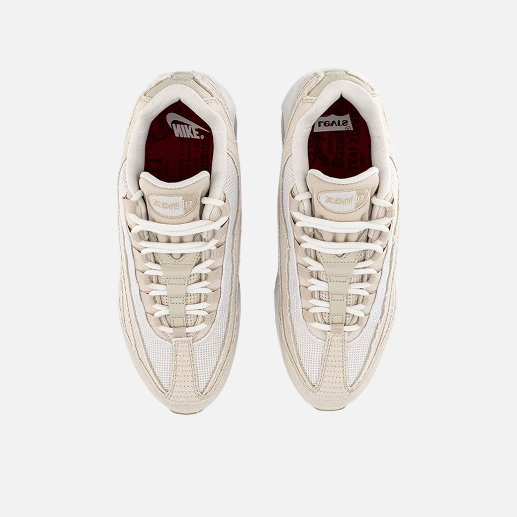 Levi’s x Nike Air Max 95 OG Light Orewood Brown top view, layered neutral upper, denim and suede materials, limited edition Nike collab, premium streetwear sneaker.