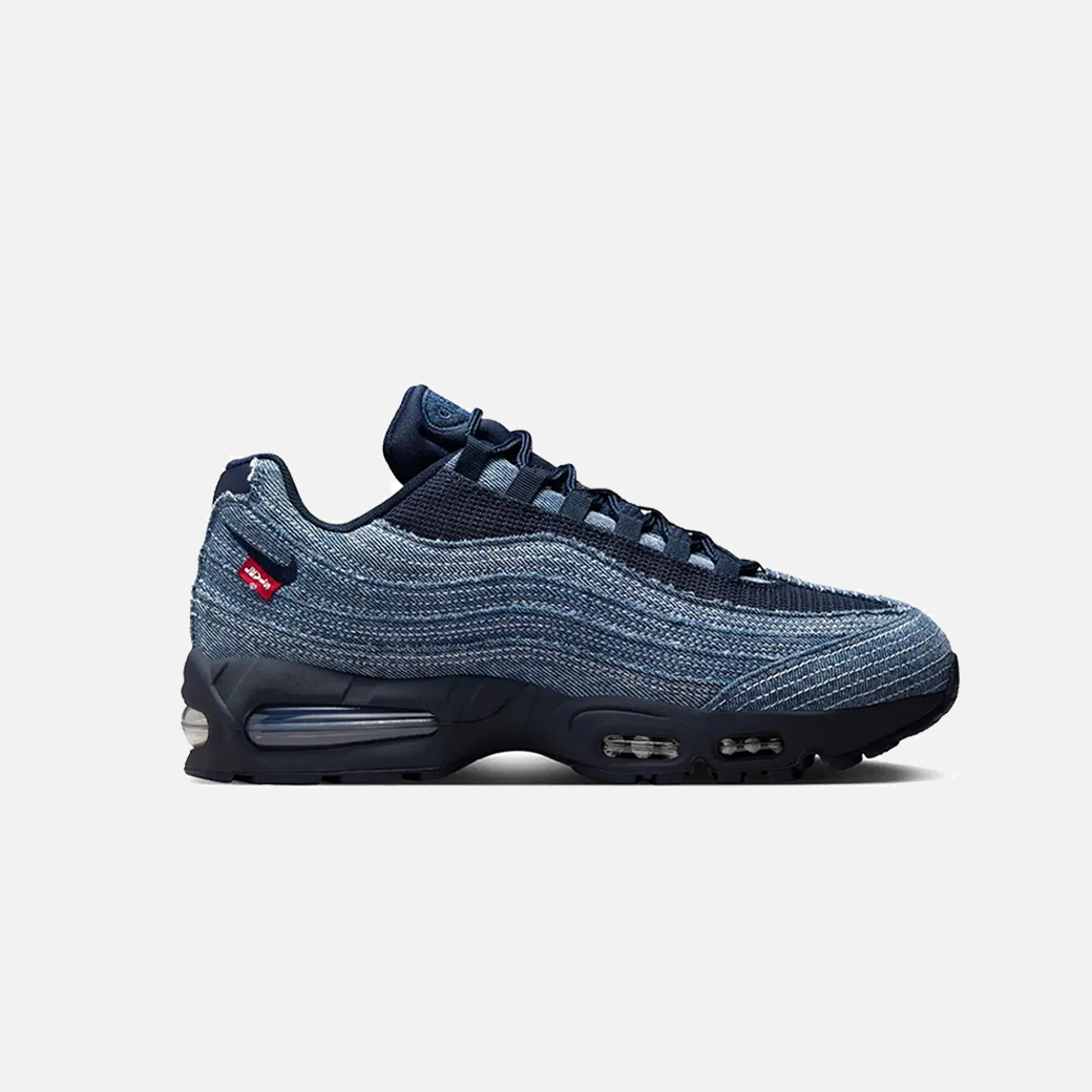Levi’s x Nike Air Max 95 OG Obsidian sneakers, limited edition collaboration, dark blue denim upper, classic Air Max 95 silhouette, premium streetwear trainers.