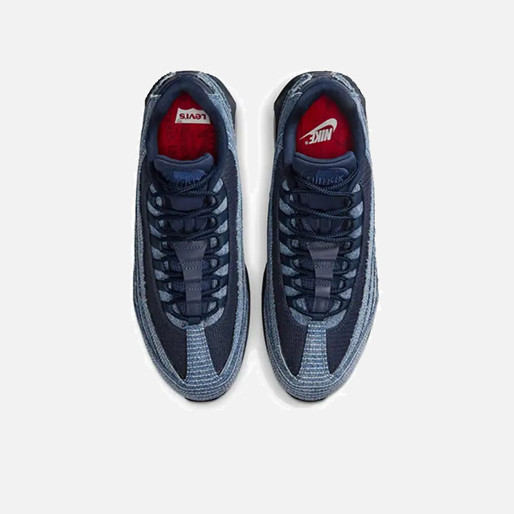 Levi’s x Nike Air Max 95 OG Obsidian top view, denim upper with layered design, dark blue tones, limited edition Nike collaboration, premium lifestyle sneakers.