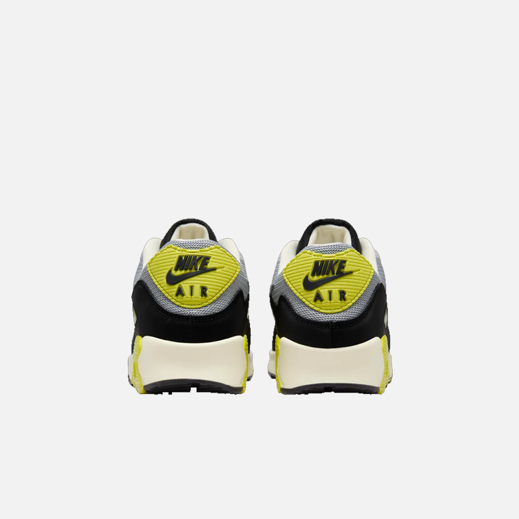 Patta x Nike Air Max 90 SP Waves Cyber Yellow sneakers, limited edition collab, retro running shoes, men's Nike trainers, streetwear sneakers, Back View.