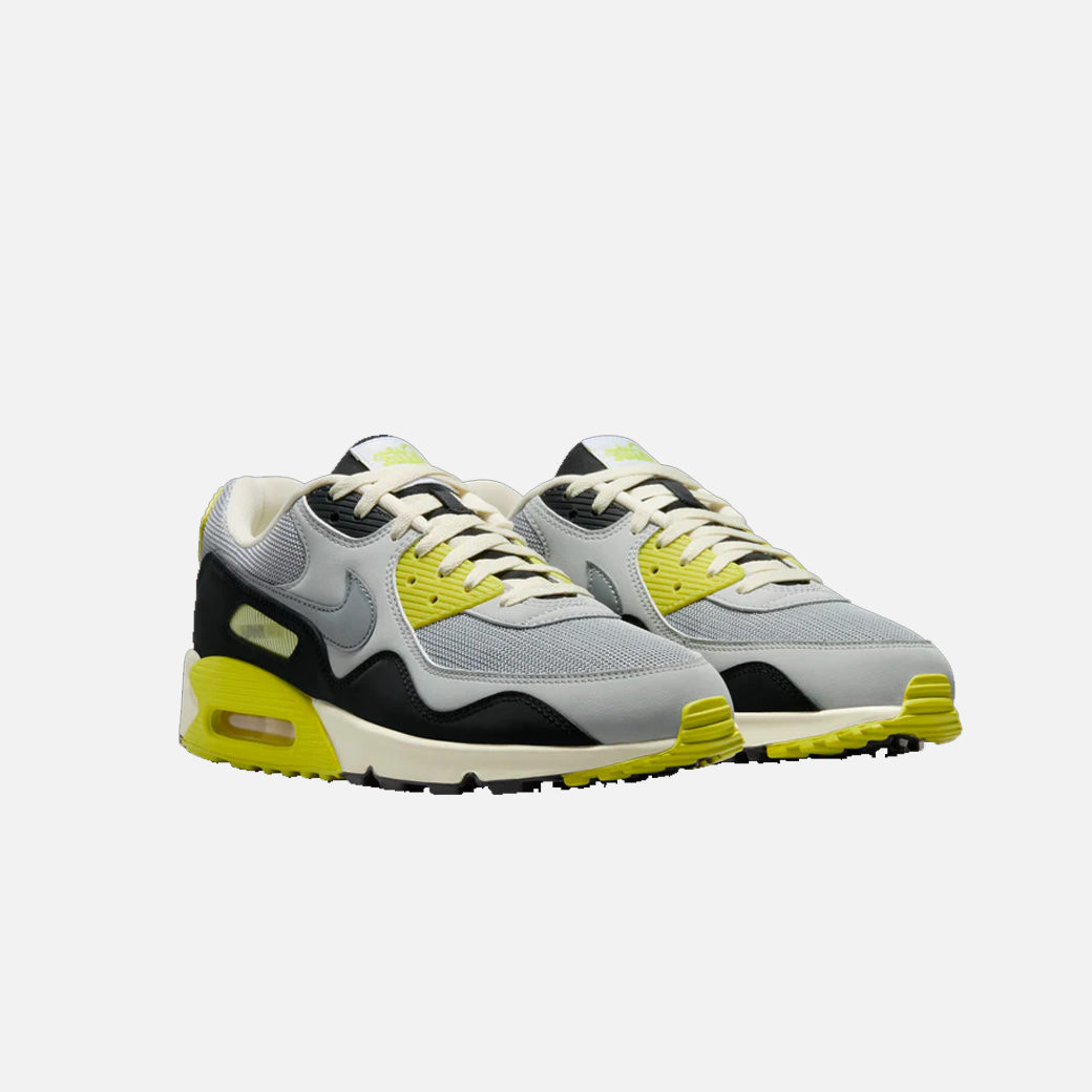 Patta x Nike Air Max 90 SP Waves Cyber Yellow sneakers, limited edition collab, retro running shoes, men's Nike trainers, streetwear sneakers, Side View.