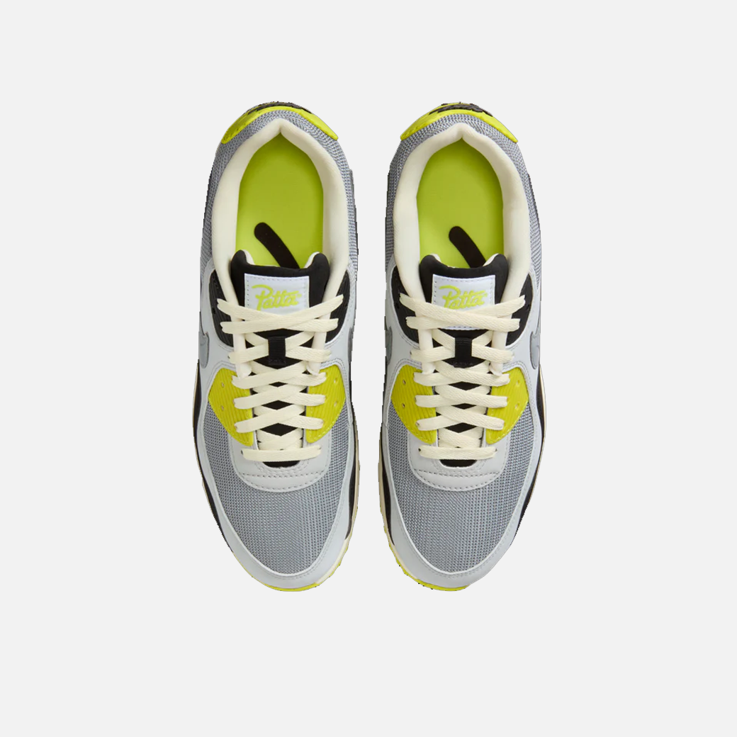Patta x Nike Air Max 90 SP Waves Cyber Yellow sneakers, limited edition collab, retro running shoes, men's Nike trainers, streetwear sneakers, Top View.