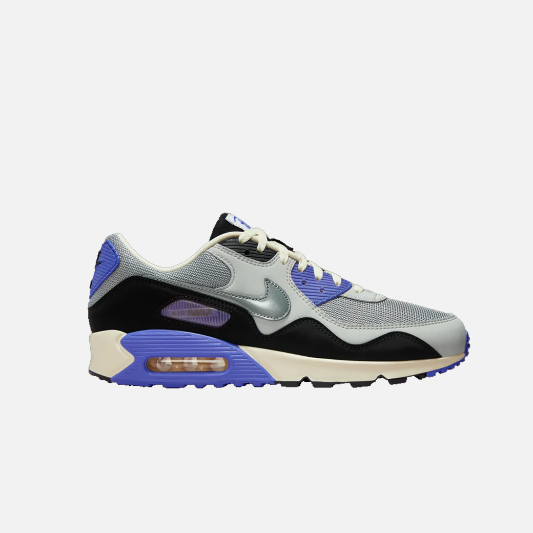 Patta x Nike Air Max 90 SP Waves Sapphire Purple sneakers, limited edition collab, retro running shoes, men's Nike trainers, streetwear sneakers, Side View.