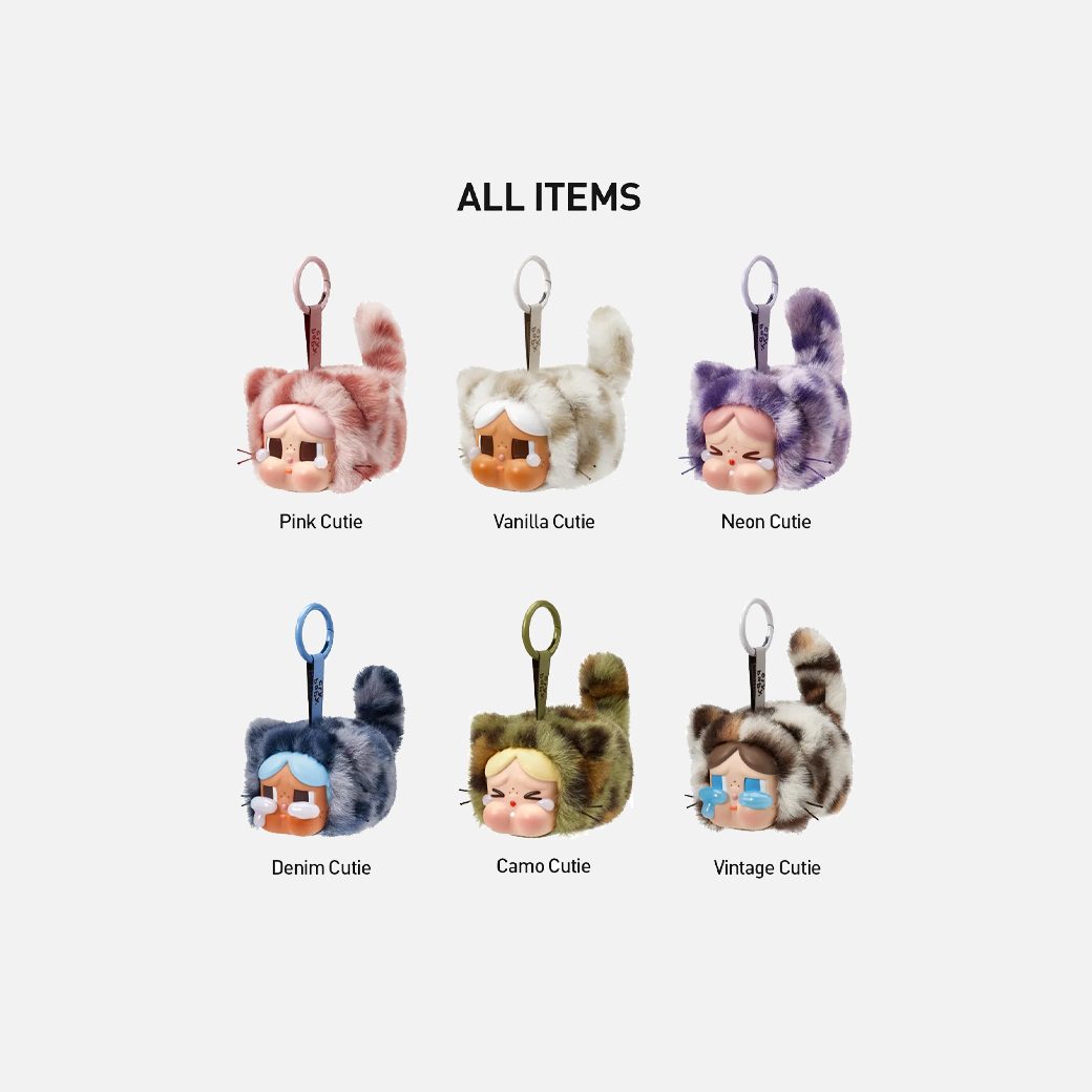 Collection of Labubu plush keychains labeled 'Pink Cutie', 'Vanilla Cutie', 'Neon Cutie', 'Denim Cutie', 'Camo Cutie', and 'Vintage Cutie' on a white background.