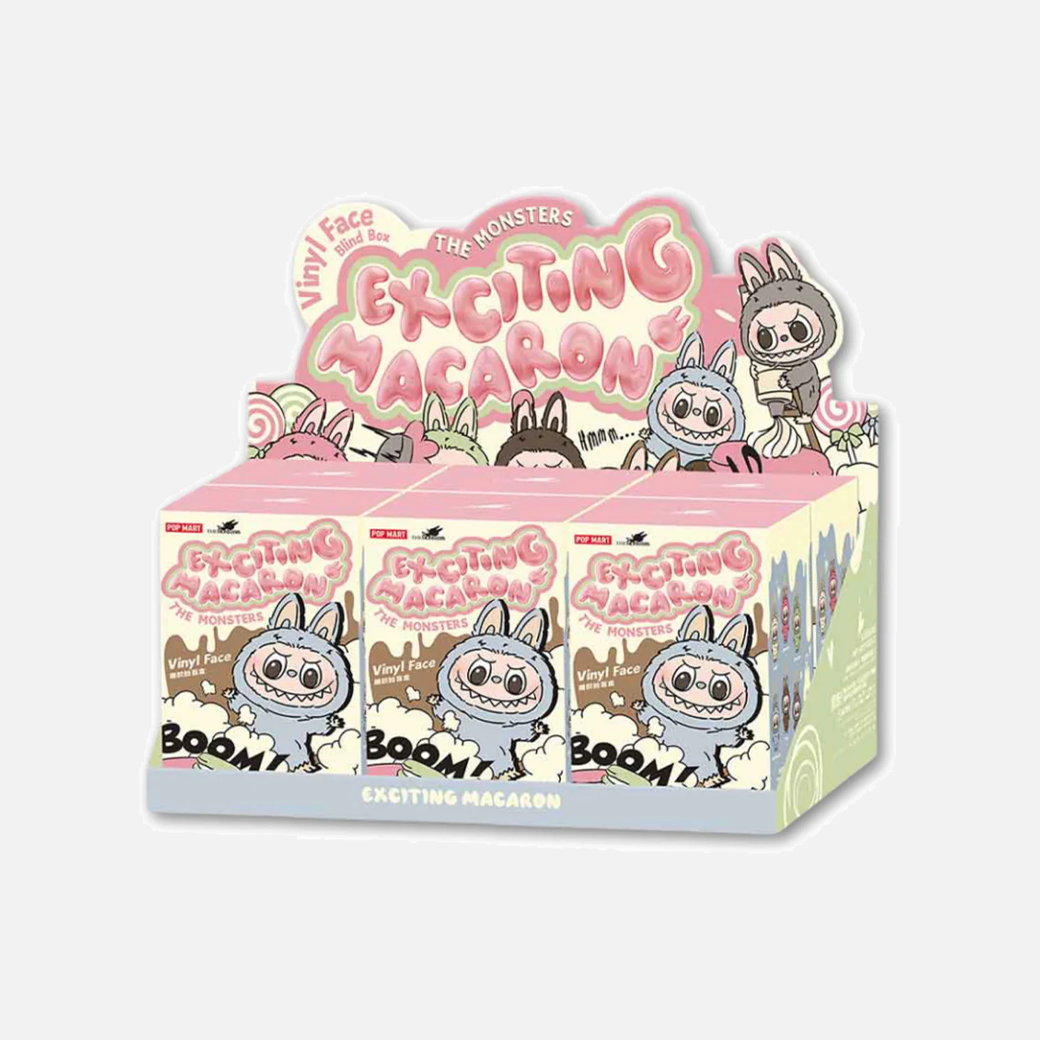Sealed box of 6 Pop Mart Labubu Exciting Macaron V1 blind vinyl figures with colourful macaron-themed packaging