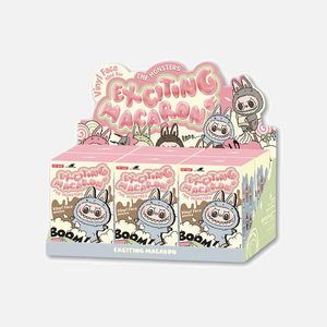 Sealed box of 6 Pop Mart Labubu Exciting Macaron V1 blind vinyl figures with colourful macaron-themed packaging