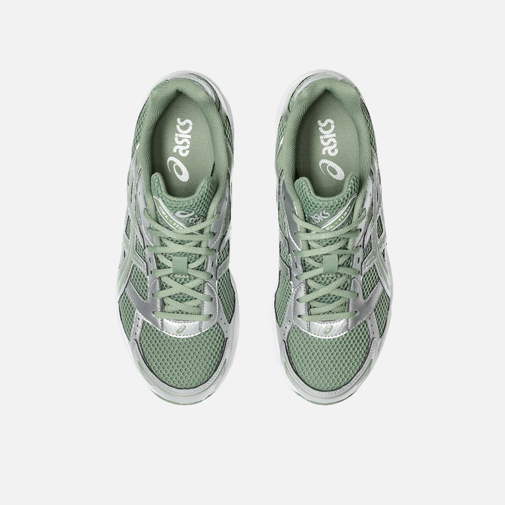 ASICS Gel-1130 running shoe in swamp green, white, olive, and silver colors, with a mesh upper and a flat sole. Top view.