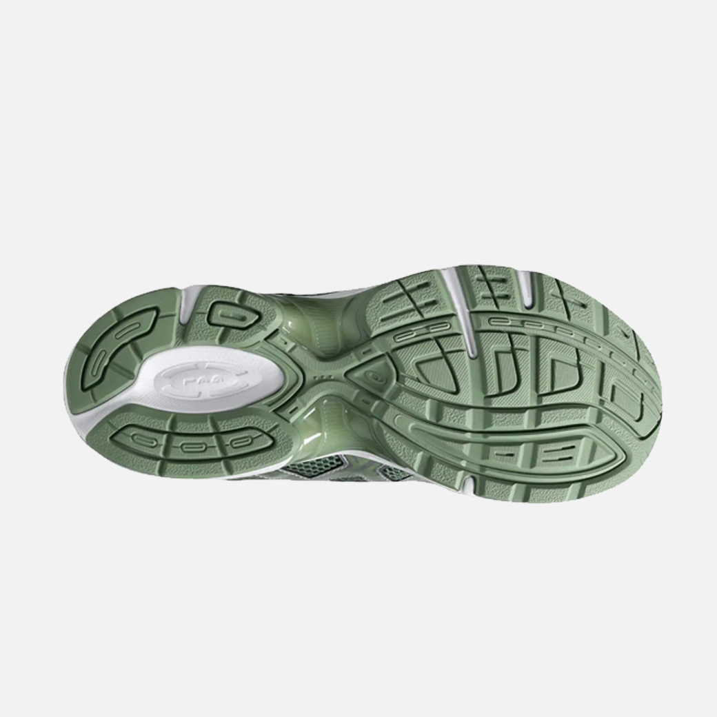 ASICS Gel-1130 running shoe in swamp green, white, olive, and silver colors, with a mesh upper and a flat sole. Bottom view.