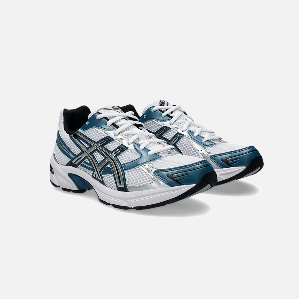 ASICS Gel-1130 sneakers in white and restful teal with mesh upper and retro running design, side view