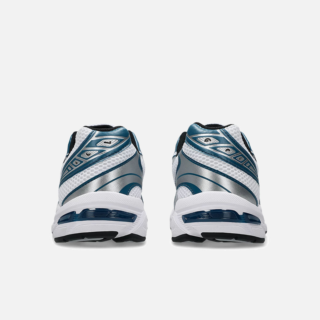 ASICS Gel-1130 sneakers in white and restful teal with mesh upper and retro running design, back view