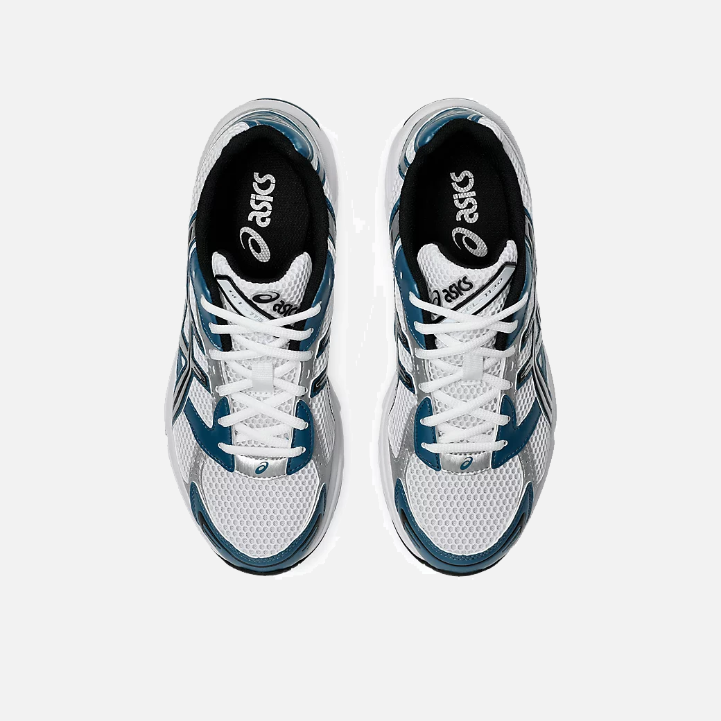 ASICS Gel-1130 sneakers in white and restful teal with mesh upper and retro running design, top view